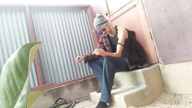 Homeless Lad Slams & Strokes His Large Dick Outside in Alley - Caught on Web Camera!