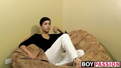 Teen twinkie pulls on his hard boner and exposes butt hole