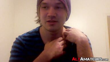 Tattooed goth stud jerking off his large palpitating dick solo