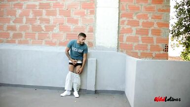 Hung Latino Daddy Jerking off his Big Uncut Cock Outdoors Risking being Caught by a Neighbor