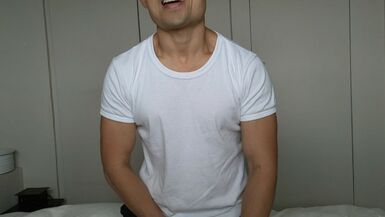 Nerdy Guy Flexes his Biceps and Muscles and Shoots and Spreads a Nice Big Load all over his Chest!