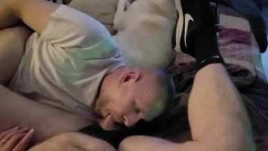 Pup wears nipple clamps as sexy Boy blows his little cock