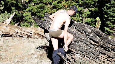 Daddy with a Big Cock Enjoys Showing off outside on a Sunny Day in a Public Forest