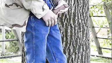 Redneck Wanks His Hung Cock Publicly in Backyard and Cums!