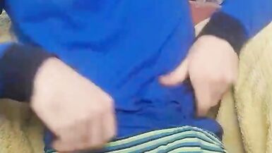 Inexperienced boy in pajamas cums cool