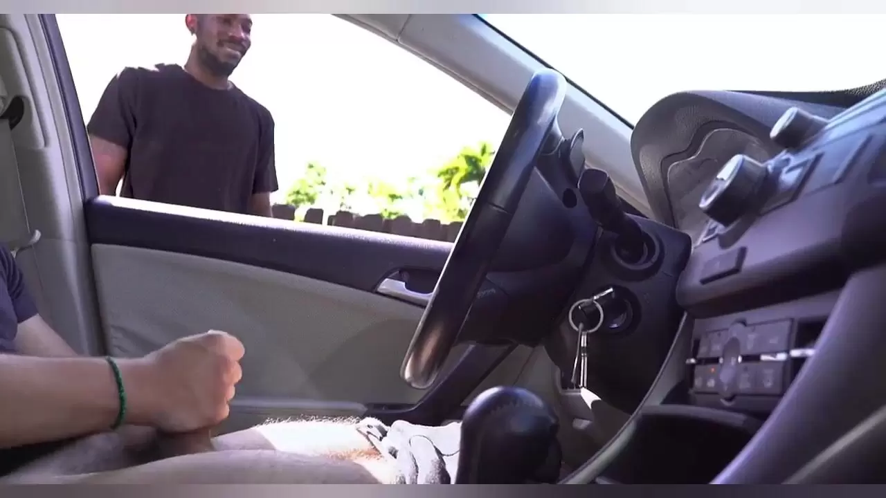 black guy watches another guy masturbate in the car while ch