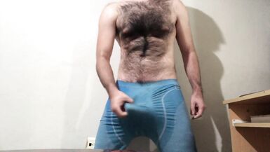 Very hairy man Jerking off through Lycra Spandex Tights