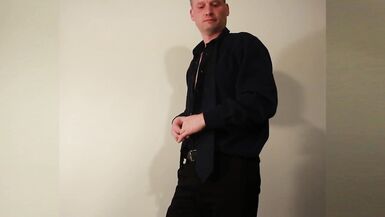 Kudoslong in a shirt and tie undresses he takes his semi-erect cock and starts wanking soon he is an erect naked wanker