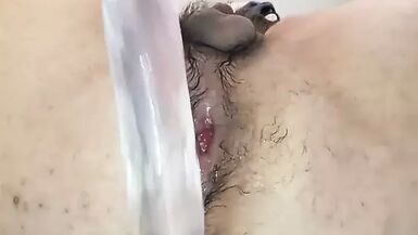Chub takes big see through dildo in gaping hole - 1 image