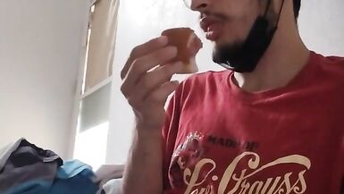 Boy in red finishing 3 Hot dogs / food fetish ( gainer