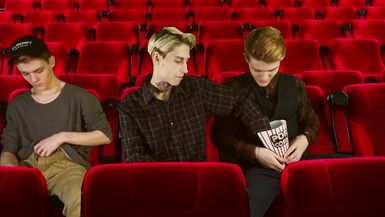 Cinema hall. Group Sex. 3some 2 tops 1 bottom