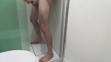 Guard taking shower at work and cum