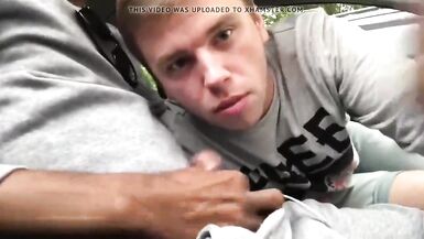 Deepthroating big uncut Russian cock in the car