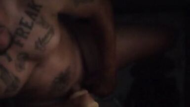 Muscle tattoo sissy in purple panties shaking thick ass and masturbating in gloryhole part 2