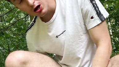 Polish Teen boy play monster dildo outside public forest and destroys the ass than he cums - 8 image
