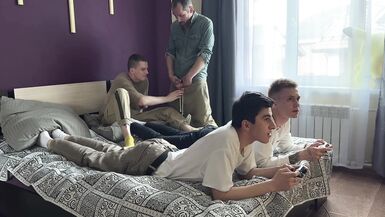 two guys were fucked by 2 guys while they were playing and cumming in assholes