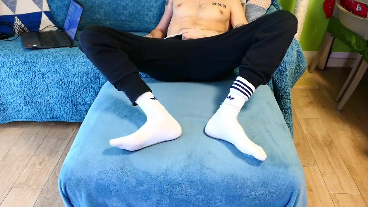 Jerk off my huge cock and bust my cum while watching porn with my white  socks.