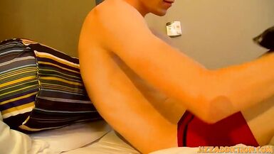 Naughty skinny twink anal plays and cums in his own mouth