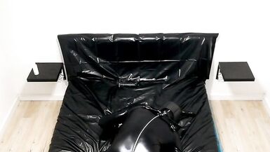 Latex puppy, blinded ,playing with toys, cuming&tasting