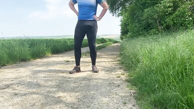 Hands free cumshot while taking a walk in public