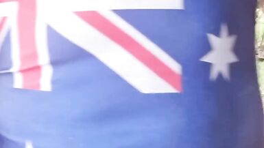 Risky public walking track cum in one-piece swimsuit