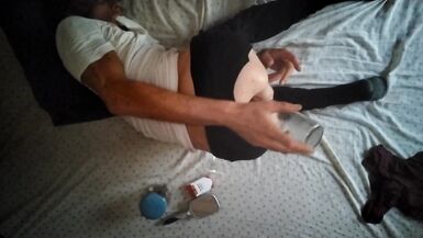 Skinny inexperienced man puts his own cum in his ass