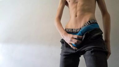 Horny twink strips down and plays with his cock and ass until he cums