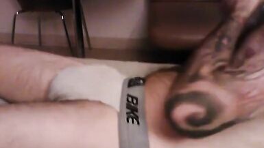 Hot Guy in Jockstrap Blowing Clouds Stroking His Big Cock Hot Cumshot - 2 image