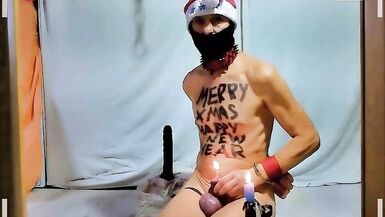 Nakedslave666's Christmas and New Year's greetings tied up with candle - BDSM punishment with a skinny slave and a shaved one
