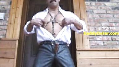 Hung Daddy Musclebear in Leather Sensual Solo Masturbation and Strip