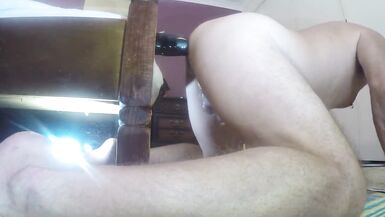 Deep anal play with inflatable butt plug and latex hand